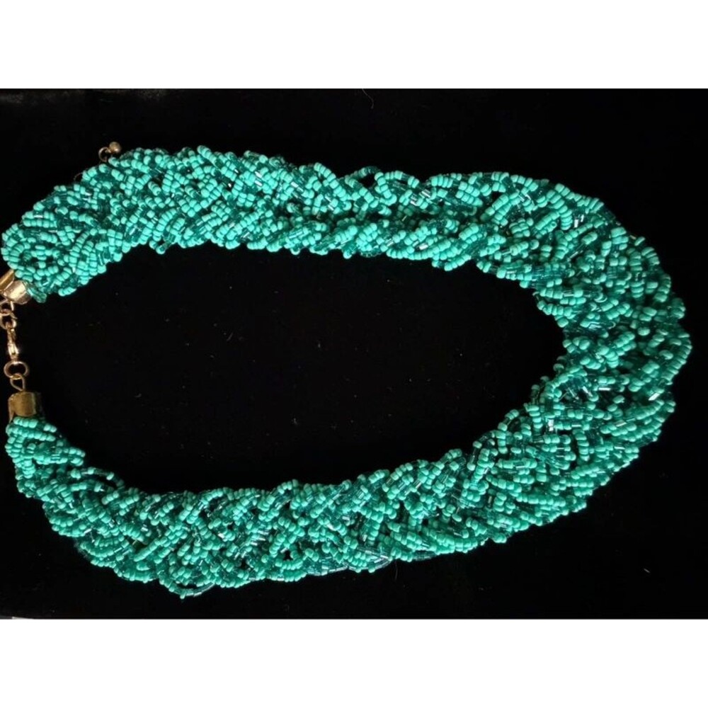 Teal Multi-Strand Twisted Seed Bead Necklace, 14"